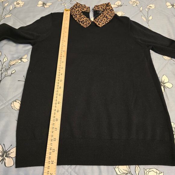NWOT J.Crew Black Wool Sweater Sz S Leopard Print statement Collar Preppy Chic - Picture 6 of 9